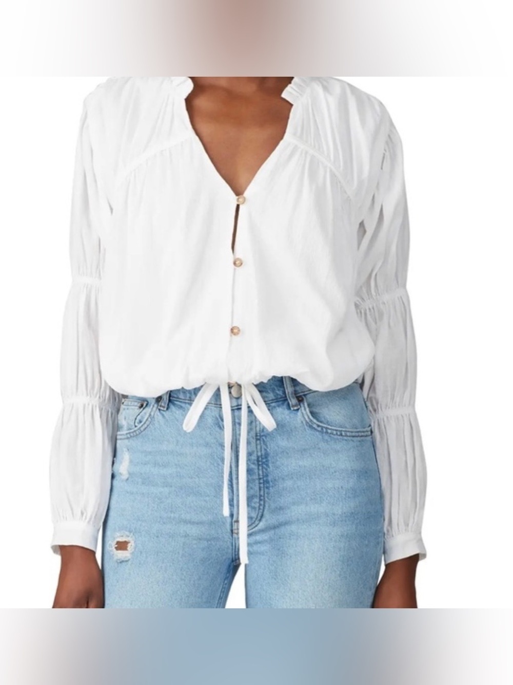Love, whit Cream  Button-Front Peasant Blouse with Drawstring size XS